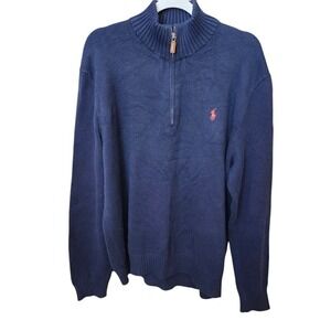 Polo by Ralph Lauren Men's Navy Half-Zip Sweater with Pink Pony
